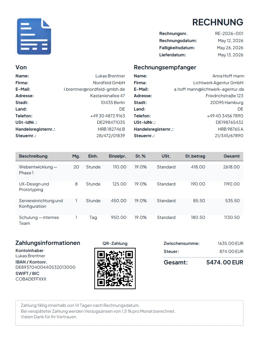 Beispiel einer mit Facturwise erstellten Rechnung