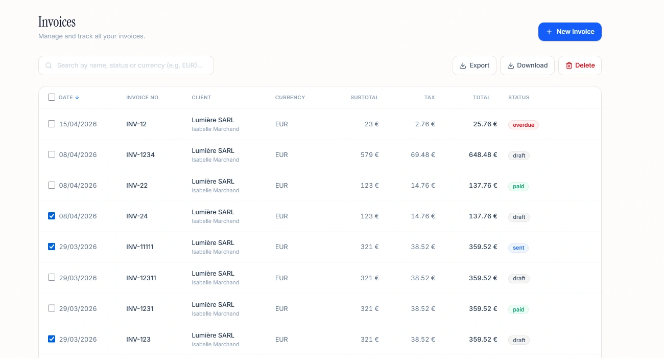 Facturwise invoice history — track all invoices, statuses, and multi-currency totals